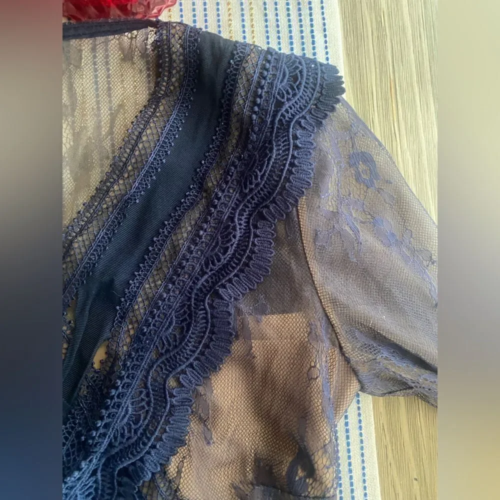 Self-Portrait Mini Dress Size 0 Navy Blue  Lace Ruffles Sleeve Lined - Picture 15 of 16